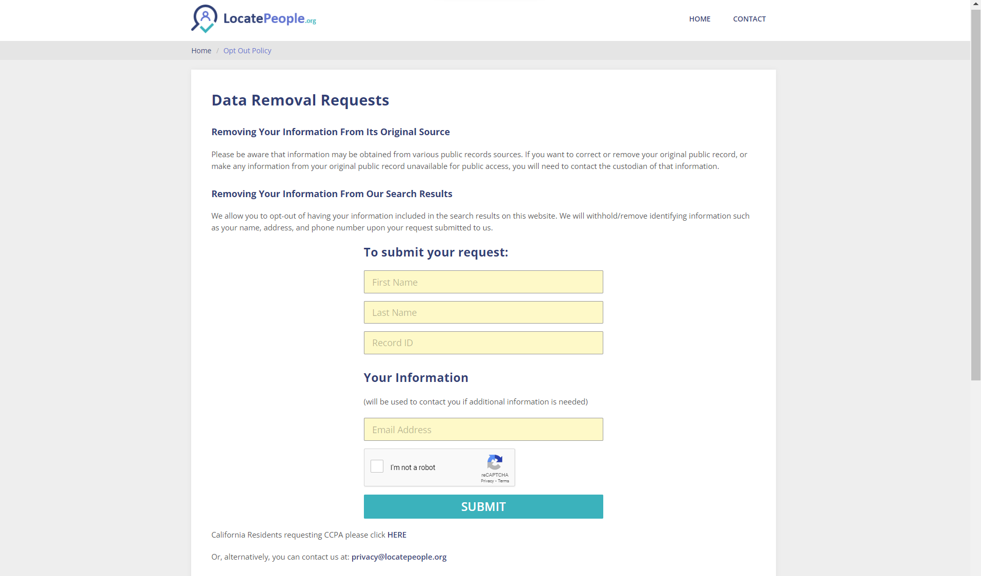 Opt Out Locate people Step 3